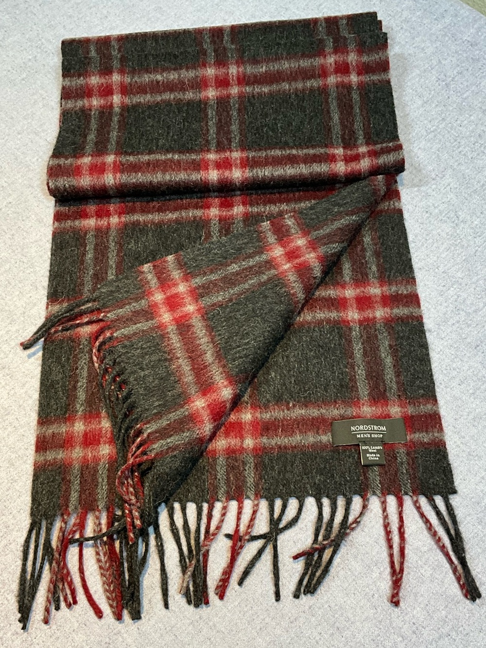 Nordstrom Charcoal and Red Plaid Lambs Wool Scarf